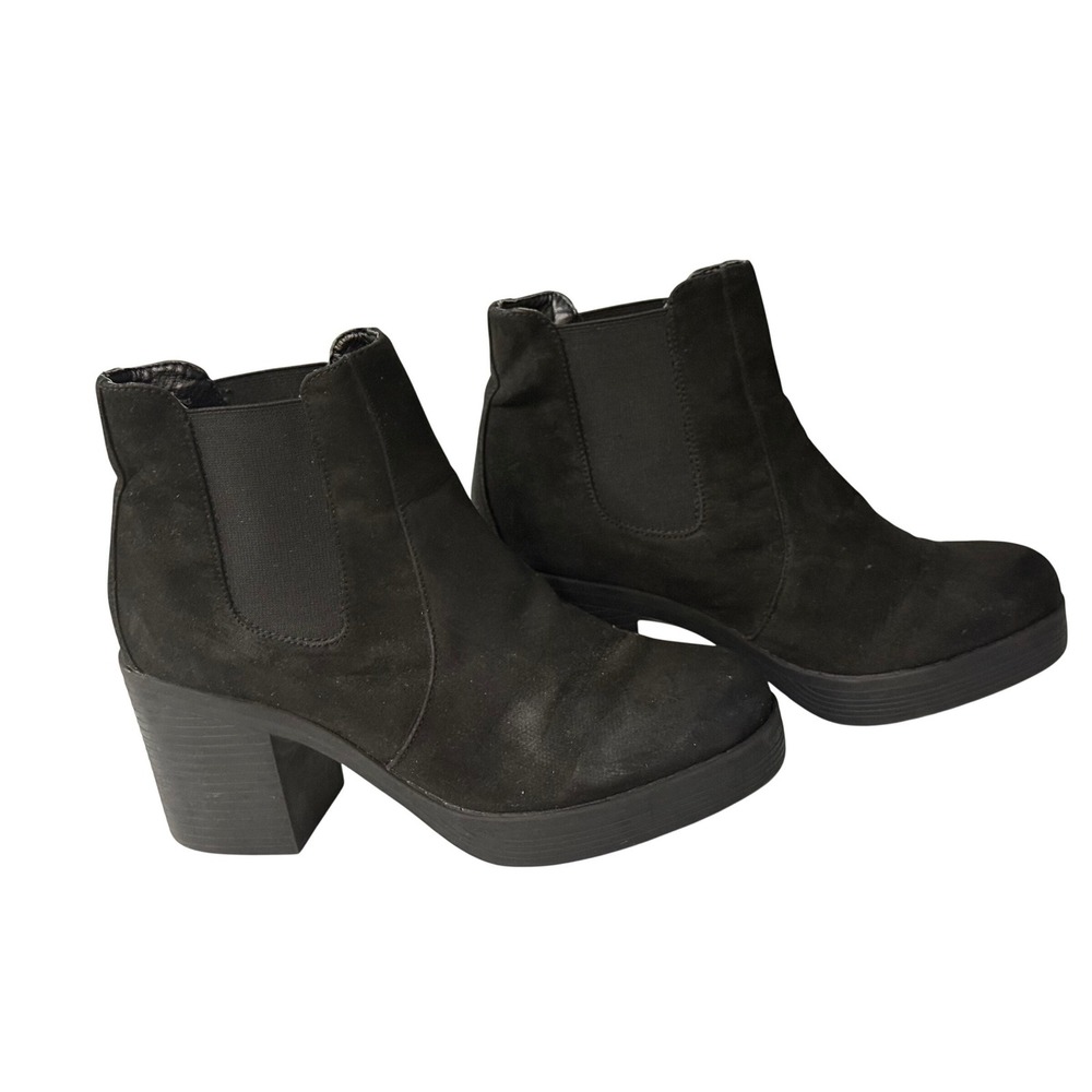Bongo Black Faux Suede Chunky Block‎ Heel Chelsea Ankle Boots Women Shoes Sz 7